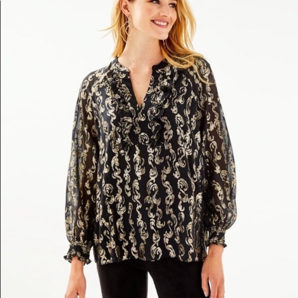 Lilly Pulitzer Angelika Silk Blouse Sz XS Onyx Ruffle Metallic Formal Dressy